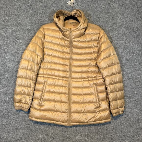 Uniqlo Jacket Womens XL Beige Ultra Light Down Puffer Zip Hooded Cinched - Picture 1 of 11